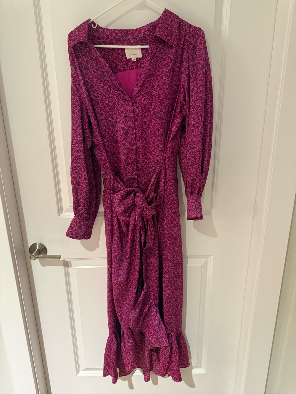 cinq a sept Magenta Printed Long-Sleeve Tie-Waist Shirt Dress